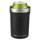 A black can cooler with a metallic rim labeled ARCTIC ZONE holds a green soda can that reads CAFFEINE FREE. The can features a white star design.