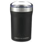 Black insulated travel mug with a transparent lid, stainless steel rim, and the words Arctic Zone printed on the lower half.