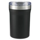 A black insulated tumbler with a transparent lid and a silver metal band at the top.
