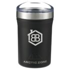 A black Arctic Zone insulated tumbler with a transparent lid. It features a hexagonal logo design on the front and Arctic Zone lettering near the base.