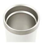 A stainless steel beverage tumbler with a matte white exterior and a shiny metal interior is shown from an angled top view, highlighting its smooth rim and cylindrical shape.