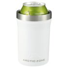 A green soda can labeled caffeine free sits snugly in a white Arctic Zone can cooler with a stainless steel rim. The cooler features the Arctic Zone logo on its front.