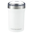 A white Arctic Zone insulated tumbler with a transparent lid and stainless steel rim. The tumbler has a sleek, cylindrical design with the embossed Arctic Zone logo at the bottom.