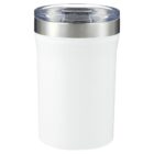 A white insulated tumbler with a transparent lid and a silver band at the top. The tumbler is plain with a smooth surface and suitable for hot or cold beverages.