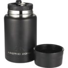 A black Arctic Zone insulated bottle with a wide mouth is shown. The lid is unscrewed and placed next to the bottle. The bottle has a stainless steel rim and a handle on the lid for carrying.