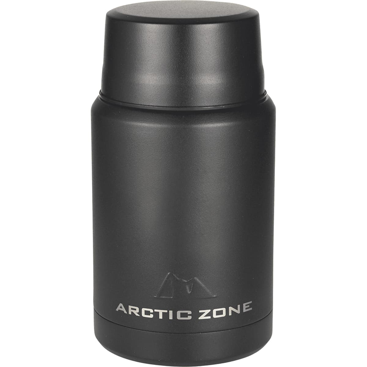 A sleek, black insulated container with a removable lid. The words Arctic Zone are printed in white near the base. The container has a matte finish and a simple, cylindrical design.