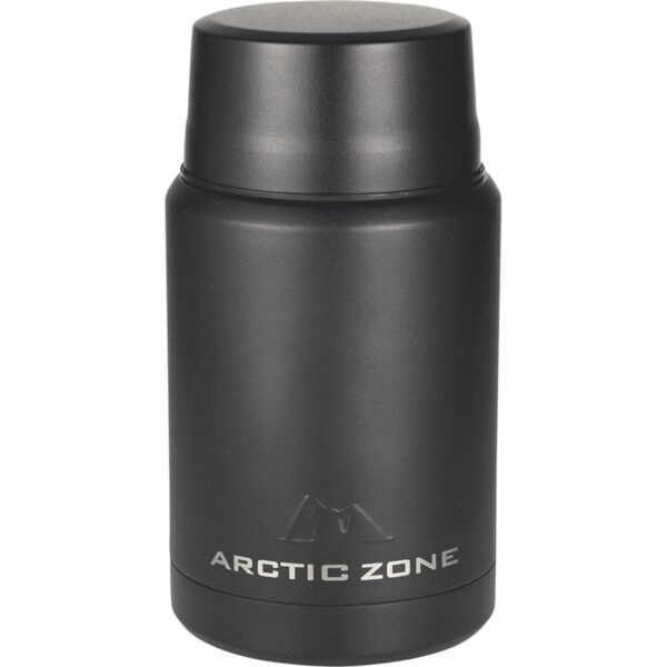 A black insulated food jar with a matte finish, featuring the brand name Arctic Zone in white letters at the bottom. The lid is securely closed, and the jar has a cylindrical shape.