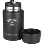 A black Arctic Zone thermos with the lid off, showing the opening. It features Bushkraft Equip branding with Est. 2014 and a small flame icon. The design is sleek and modern.