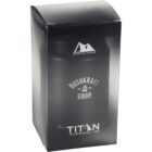 A black and gray box with a transparent section revealing a mug inside. Text on the box reads Bushkraft Equip. Est. 2014 and Titan Thermal HP with a mountain logo above.