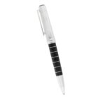 A retractable ballpoint pen with a silver clip and black grip featuring horizontal silver stripes, set at a slight angle on a plain white background.