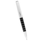 A black and silver fountain pen with a translucent cap and a stripe design on the barrel is positioned diagonally against a white background.