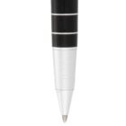Close-up of a sleek black and silver ballpoint pen tip. The pen has alternating black and silver bands near the tip, with the metallic point of the pen clearly visible against a white background.