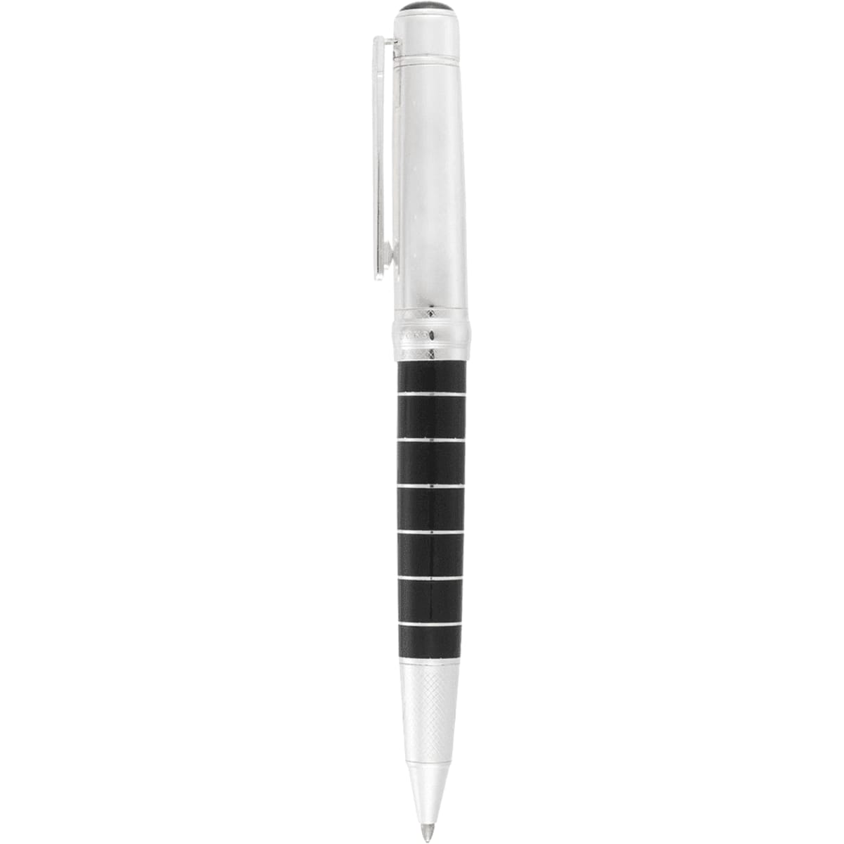 A silver and black ballpoint pen with a textured grip and a metal clip on the cap, isolated on a white background.