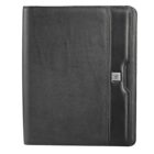 A black leather portfolio folder with a matte finish. It has a sleek design with a metal accent featuring an emblem on the front. The folder appears to be closed, showing its smooth and professional exterior.