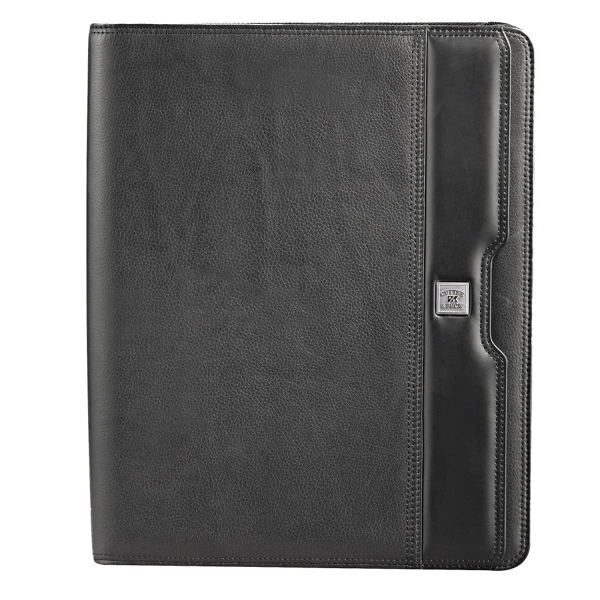 A black leather portfolio folder with a matte finish. It has a sleek design with a metal accent featuring an emblem on the front. The folder appears to be closed, showing its smooth and professional exterior.