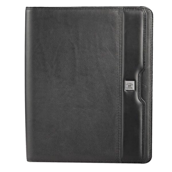A sleek black leather portfolio with textured and smooth panels, featuring a small metal logo on the right side. The portfolio is closed and has a professional appearance.