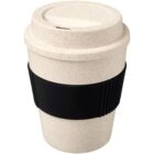 A beige reusable coffee cup with a black rubber grip around the middle and a matching beige lid. The cup has a simple, minimalist design.