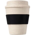 A beige reusable coffee cup with a black textured grip in the middle. It has a snug-fitting lid and a speckled pattern on the surface. The grip is wide, providing easy handling. The background is white.