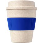 A reusable, eco-friendly coffee cup with a speckled, beige texture and a blue silicone grip near the middle. The cup has a matching lid.
