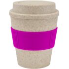 A reusable coffee cup with a speckled beige design and a matching lid. It features a bright purple silicone grip band around the middle.