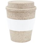 A reusable travel cup with a speckled beige finish and a fitted lid. It features a white, textured silicone band around the middle for grip and insulation.