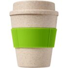 A reusable beige cup with a textured surface, featuring a bright green silicone grip around the middle. The cup has a lid, matching the beige color of the body, and is designed for hot beverages.