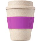 A beige reusable coffee cup with a lid and a textured purple silicone sleeve for grip. The cup has a speckled appearance.