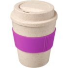 A beige reusable coffee cup with a textured purple silicone sleeve near the middle. The cup has a lid with a small opening for drinking.