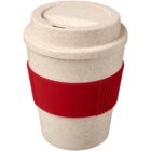 A reusable coffee cup with a speckled off-white finish and a red silicone grip band around the middle. The cup features a matching lid with a small drinking opening.