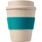 A reusable coffee cup made of speckled beige material with a teal silicone grip around the middle and a matching beige lid. The grip is ribbed for easy handling.