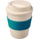 A beige reusable coffee cup with a blue silicone grip around the center, and a matching lid. The cup has a speckled texture, giving it a natural, eco-friendly appearance.