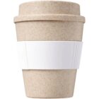 A reusable, speckled beige cup with a tight-fitting lid and a white ribbed sleeve at the center, designed for hot beverages. The cup has a natural, earthy appearance.