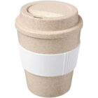 Reusable beige coffee cup with a textured surface, featuring a white silicone grip around the middle and a matching beige lid with a small opening for sipping.