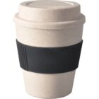 Reusable coffee cup with a speckled beige finish, a black silicone grip around the middle, and a secure lid.
