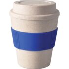 A beige reusable coffee cup with a textured blue silicone grip around its middle. The cup features a screw-on lid with a spout for sipping. The surface has a speckled pattern.