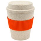 A reusable coffee cup with a speckled white finish and a matching lid, featuring a bright orange ribbed silicone sleeve around the middle for grip.