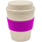 A reusable cup with a light brown, speckled texture and a fitted lid. It features a bright pink ribbed silicone sleeve for grip and insulation.