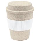 Beige reusable coffee cup with a speckled texture, featuring a white ribbed silicone grip around the middle and a matching lid.