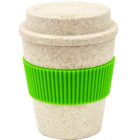 A reusable coffee cup with a textured beige body and a bright green silicone grip around the middle. The cup has a matching lid and a speckled design.
