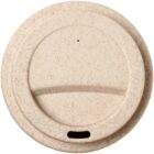 A beige, round plastic cup lid with a small drinking hole and a tiny air vent hole. It has a textured surface with a speckled pattern.