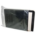 A black binder partially enclosed in a clear plastic bag is shown. The binder has a zippered edge and contains some documents or papers inside.