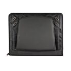 A black, padded back support with a rectangular shape and quilted edges, featuring multiple grommets for attachment. The cushion is designed to provide ergonomic support, likely for use with chairs or seats.