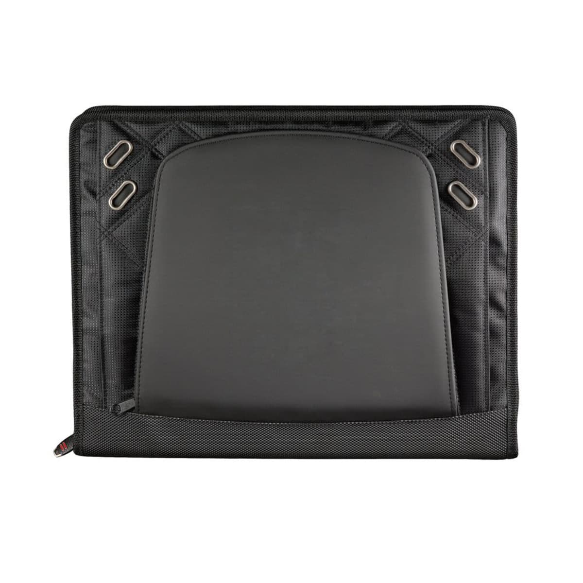 A black, padded back support with a rectangular shape and quilted edges, featuring multiple grommets for attachment. The cushion is designed to provide ergonomic support, likely for use with chairs or seats.
