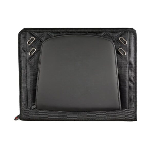 A black, padded car seat cover with a smooth center panel and textured sides. It features multiple openings for seat belt access and a quilted pattern on the edges, emphasizing durability and comfort.