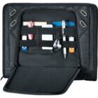 A black organizer pouch with multiple compartments open to display various items including pens, earbuds, a red and white USB drive, a notebook, and a business card. The interior features elastic straps for securing items.