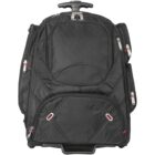 A black rolling backpack with multiple compartments and silver zippers. It has a telescopic handle at the top, additional side pockets, and a sturdy base with wheels for easy transport.