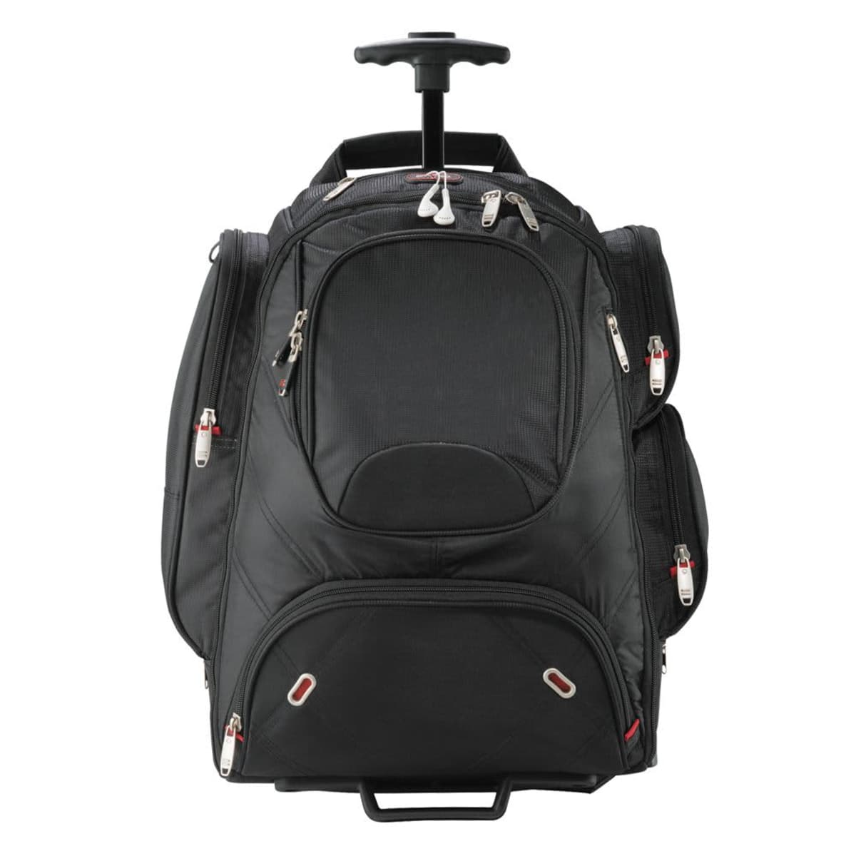 A black rolling backpack with multiple zippered compartments is pictured, featuring a retractable handle on top and wheels at the bottom, designed for easy transportation.