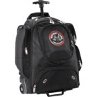 A black wheeled travel bag with multiple zippered compartments and a telescopic handle. It features a Victory Lane Experience patch with crossed checkered flags on the front.