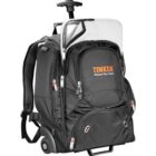A black rolling backpack with a telescopic handle, featuring multiple compartments and zippers. The front is branded with TIMKEN Where You Turn in orange and white text. The backpack has wheels and a padded shoulder strap.