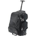 A black wheeled travel backpack with an extended telescopic handle. It features multiple zippered compartments and pockets, silver zipper pulls, and two wheels at the bottom for easy mobility.